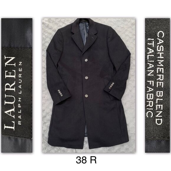 Lauren Ralph Lauren Men’s Black Wool Cashmere Lined Overcoat Men's Size 38R - Picture 1 of 16